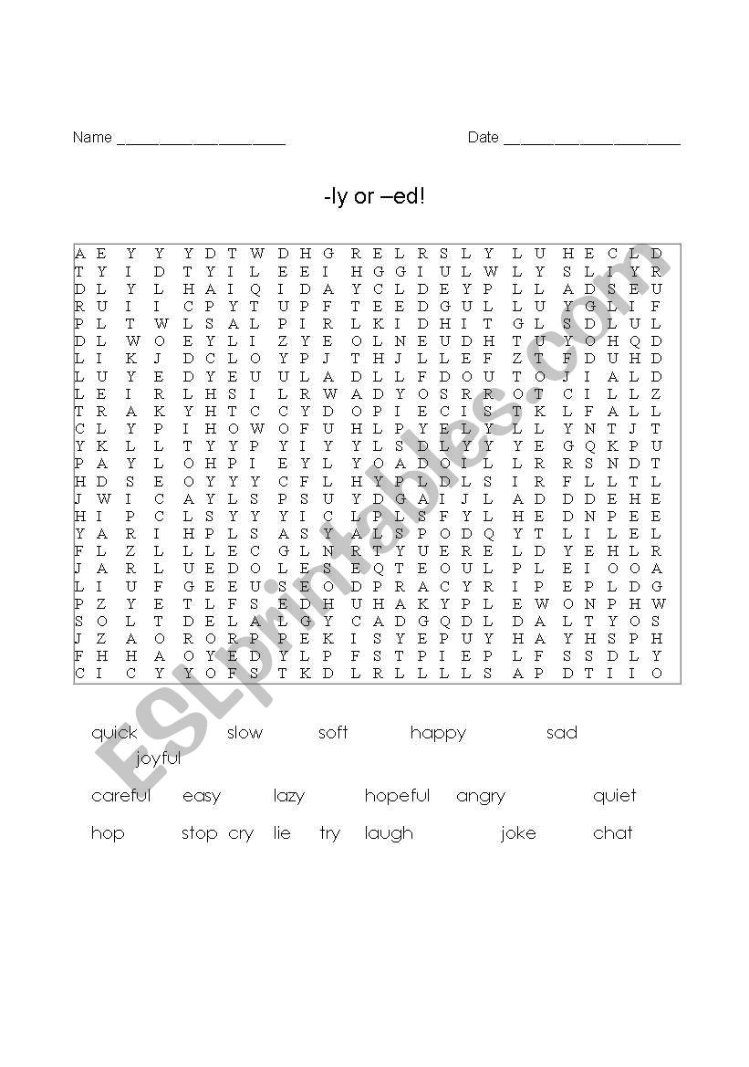 wordsearch -ly or -ed? worksheet