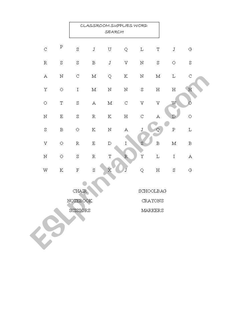 Classroom Supplies Wordsearch worksheet