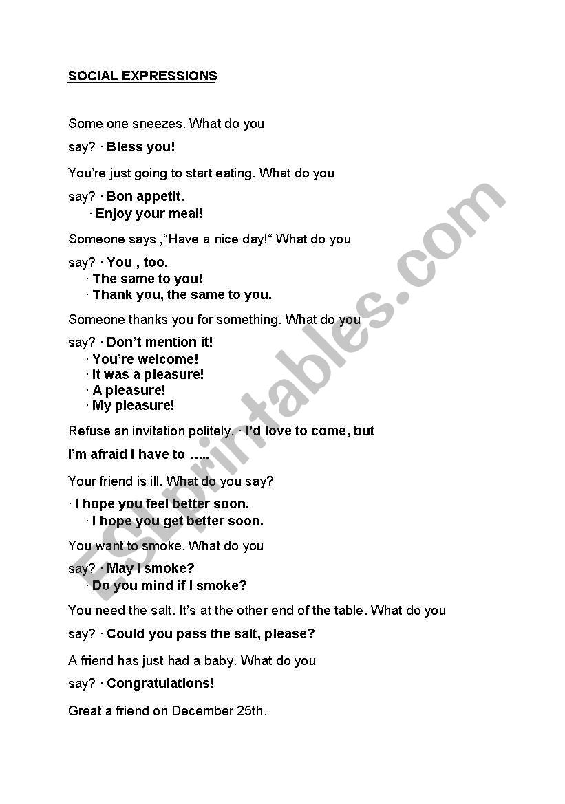 English Worksheets Social Expressions