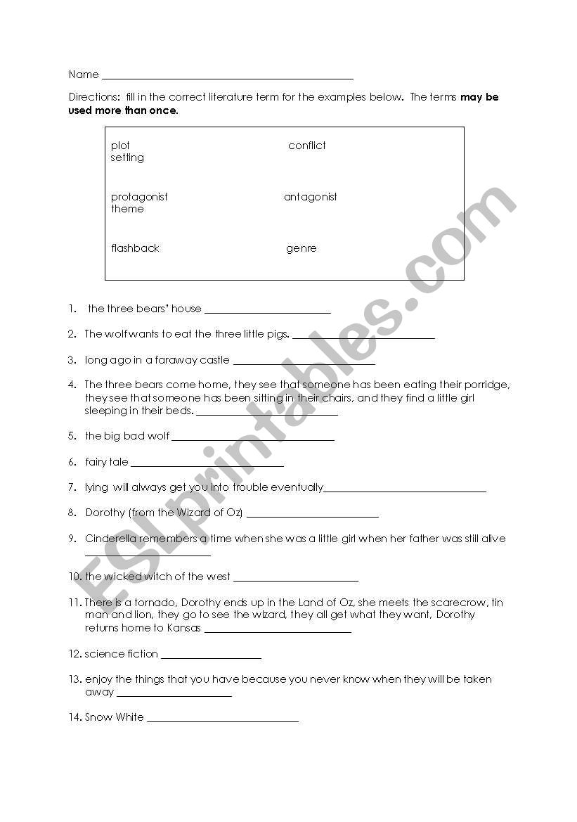 English Worksheets: Literature Terms Homework