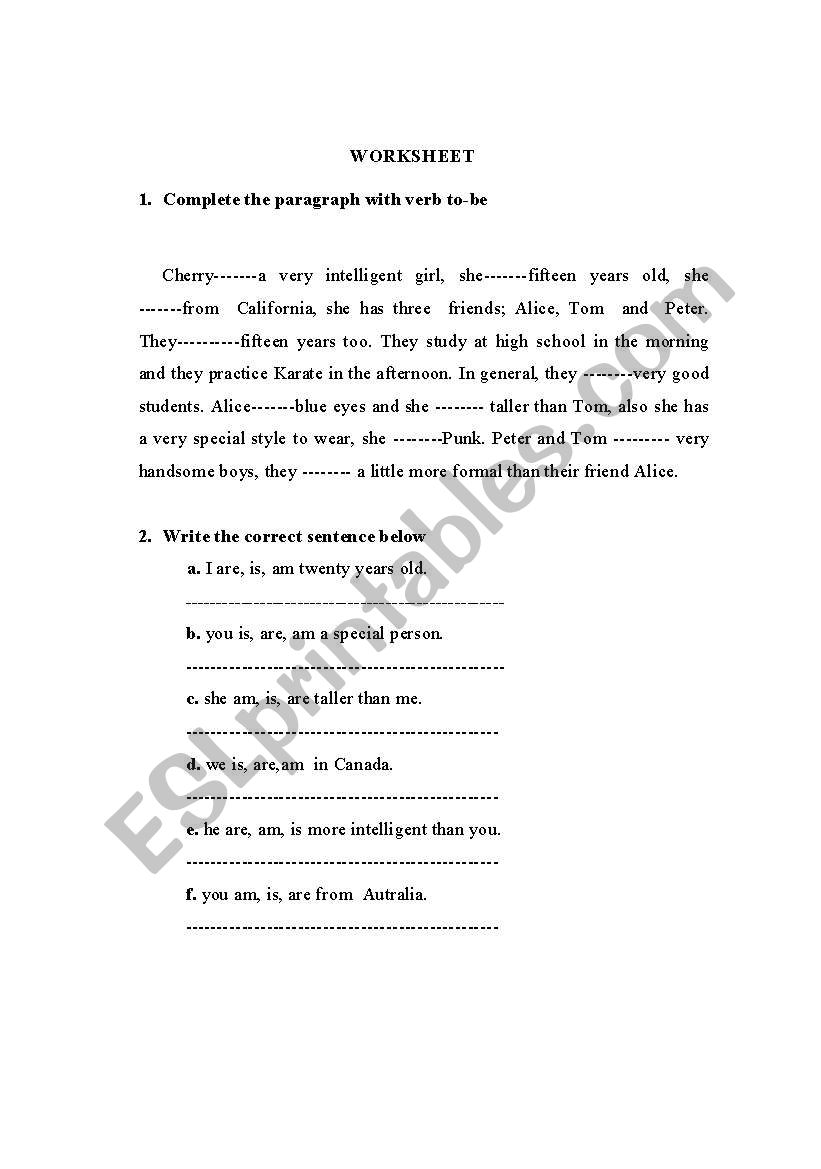 verb to be   worksheet