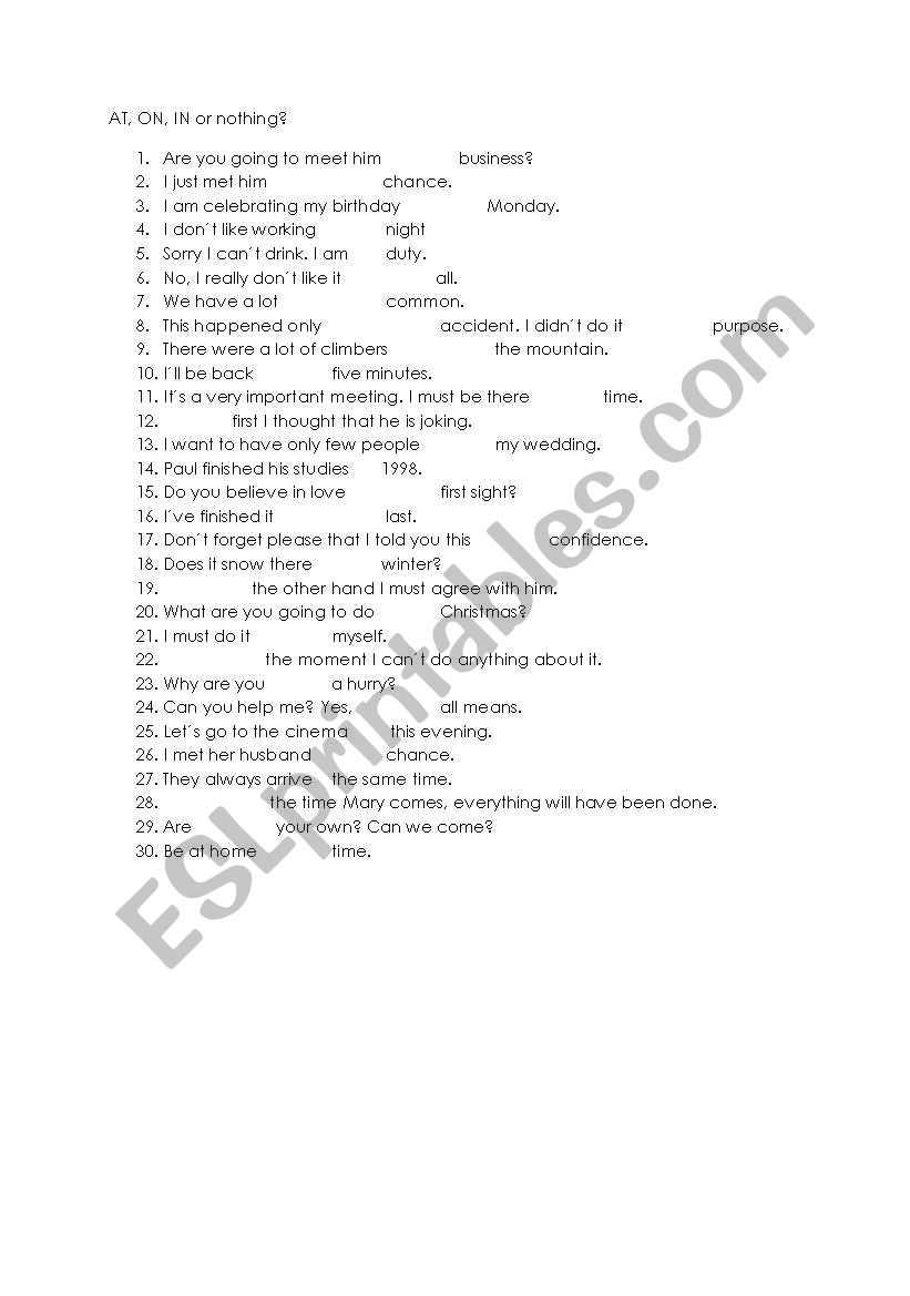 AT, ON, IN or nothing worksheet