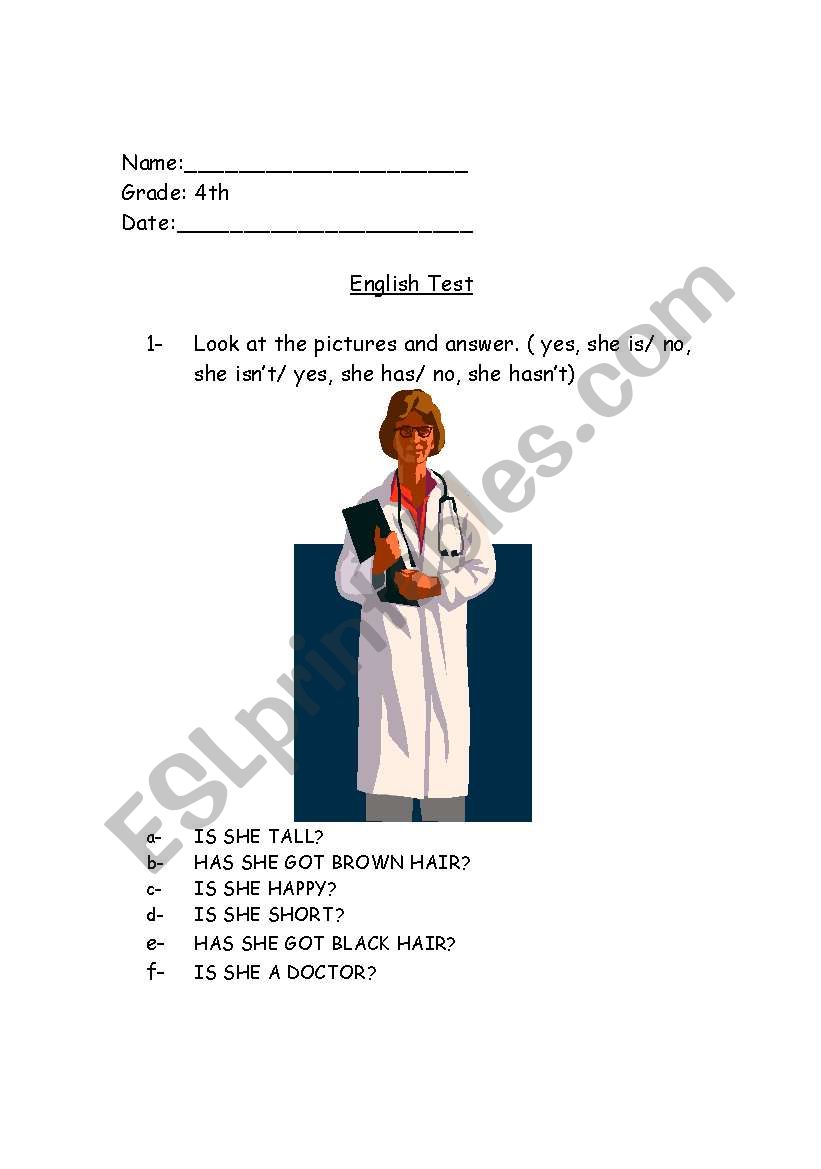 English Test for Elementary worksheet