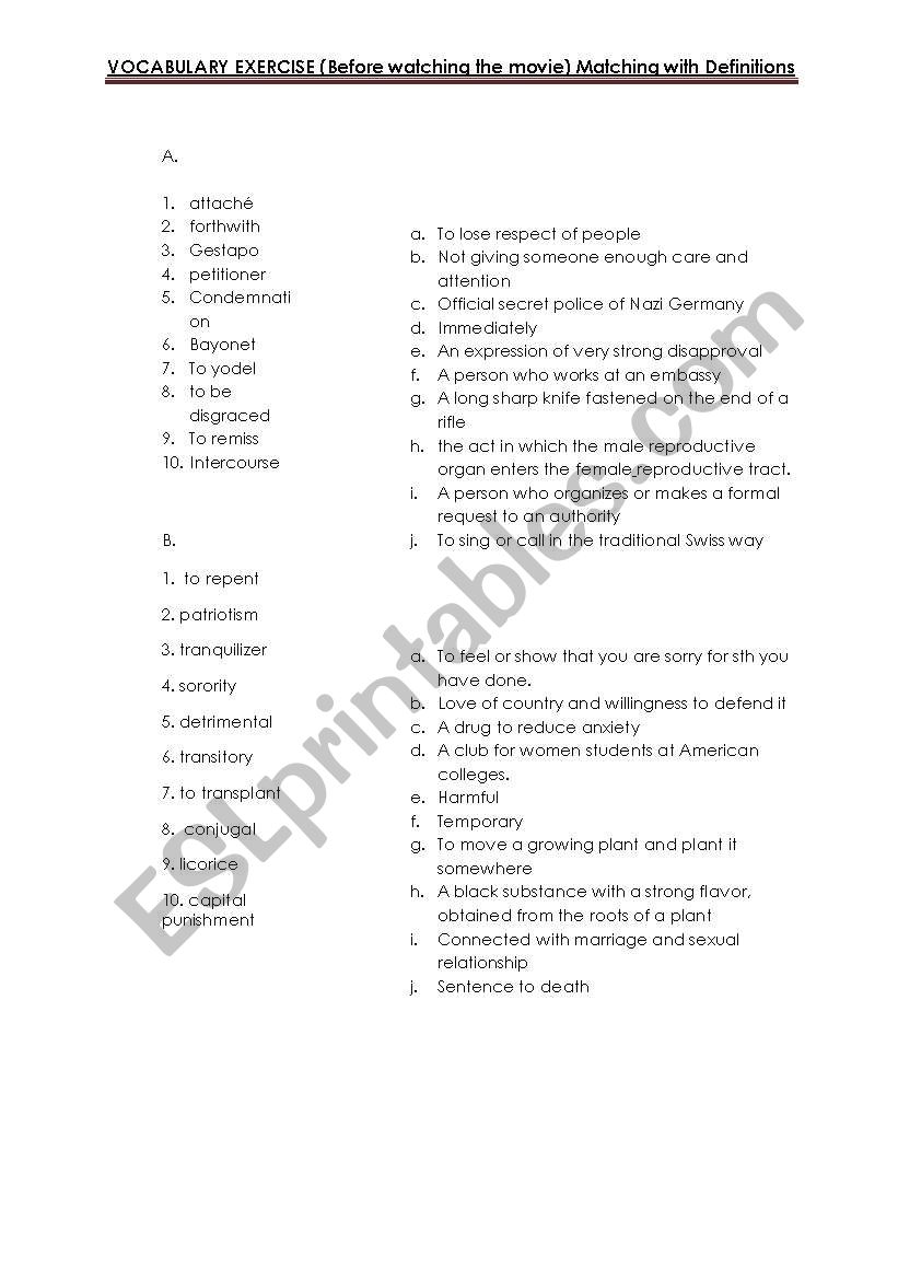 vocabulary exercises for harold and maude