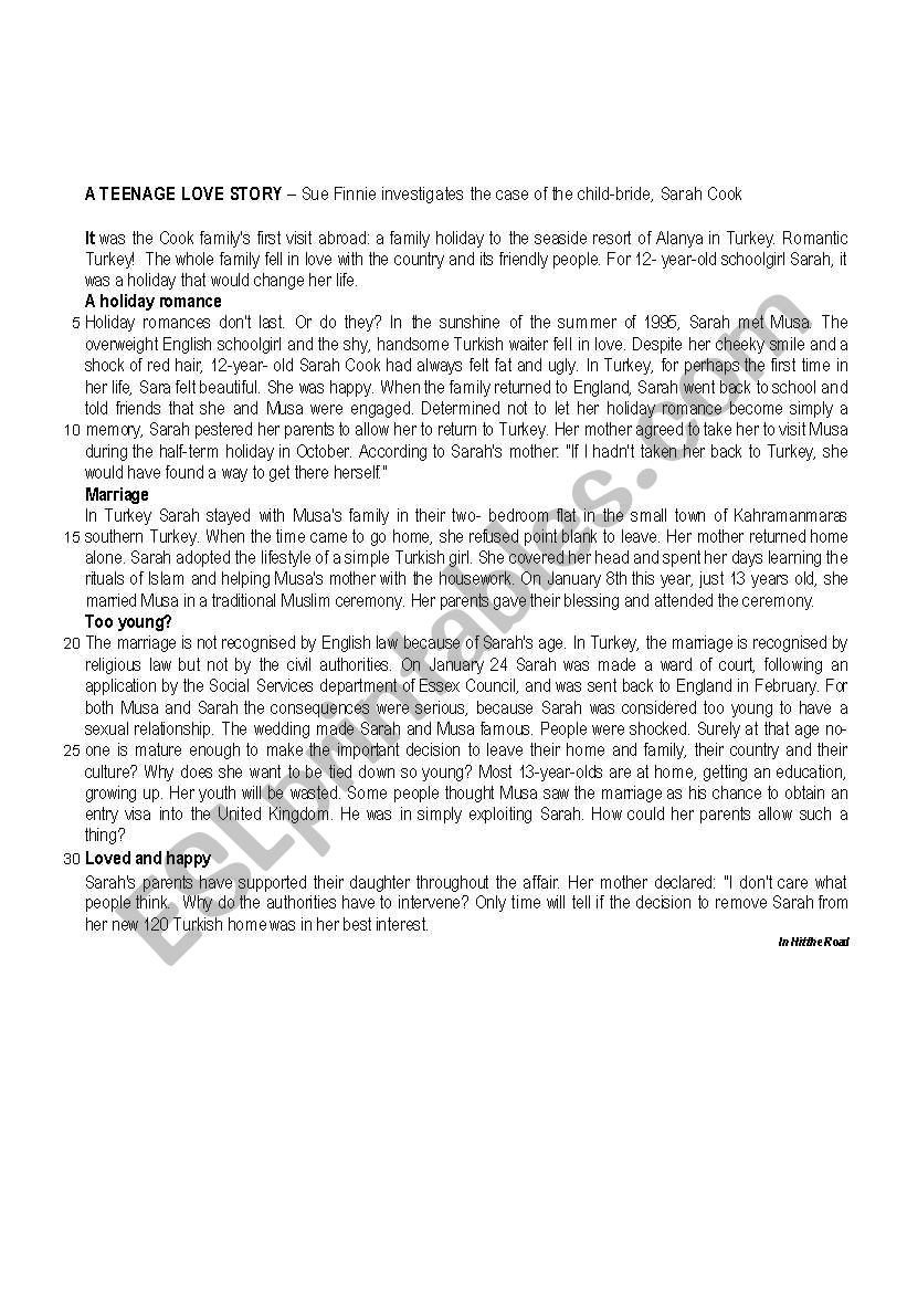 Teenage love story worksheet