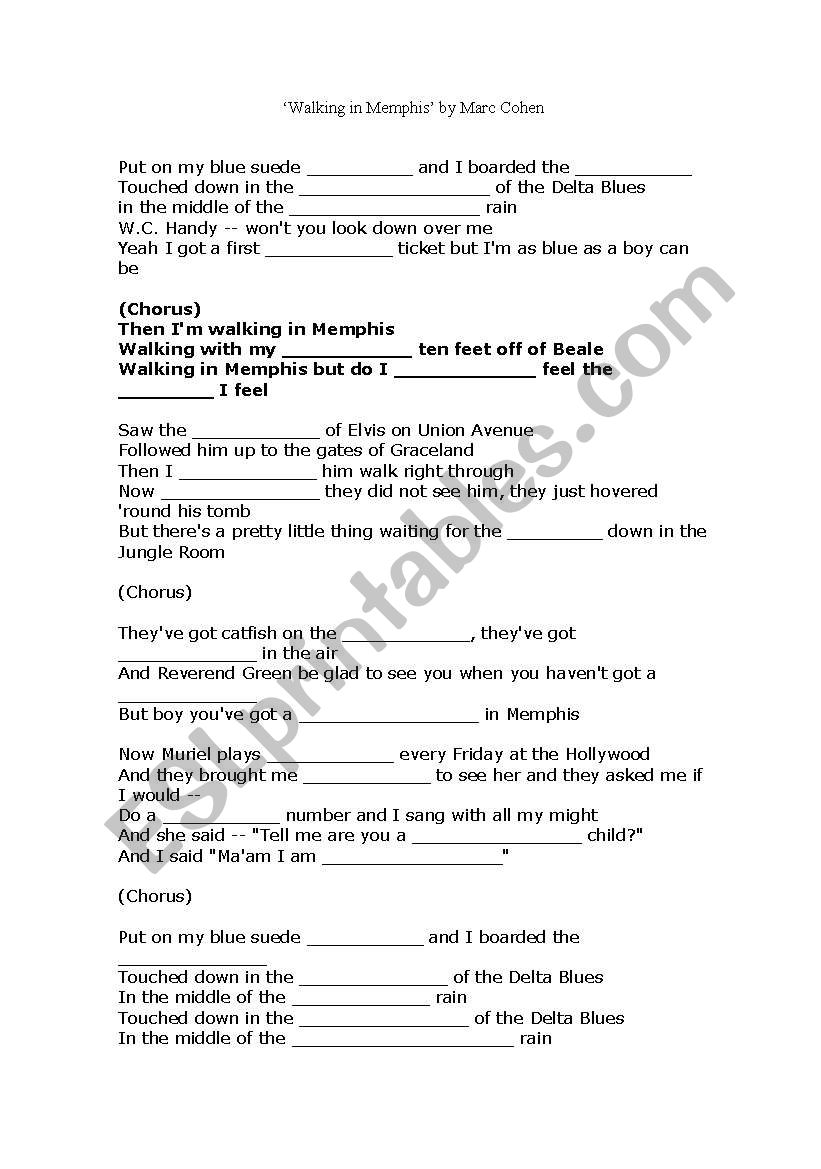 English Worksheets Walking In Memphis Marc Cohen Song Gap Fill