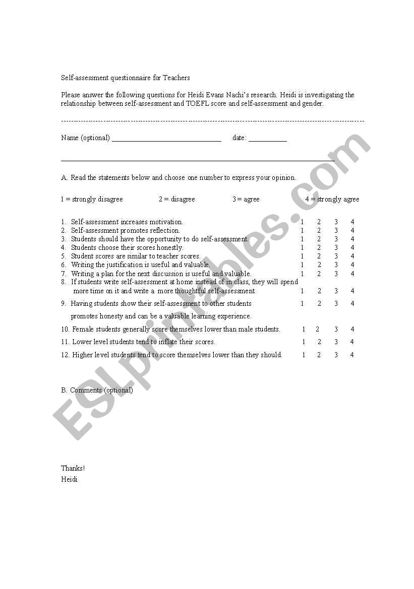 self assessment worksheet