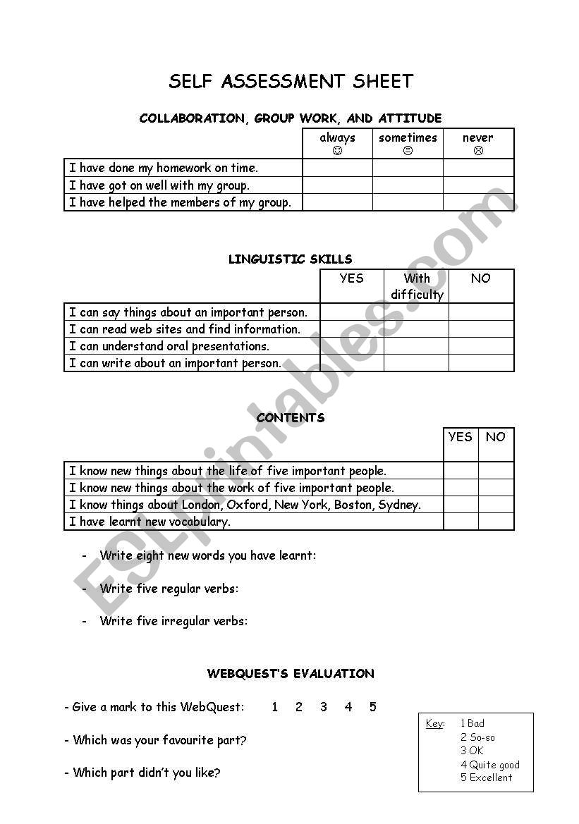 self assessment sheet worksheet