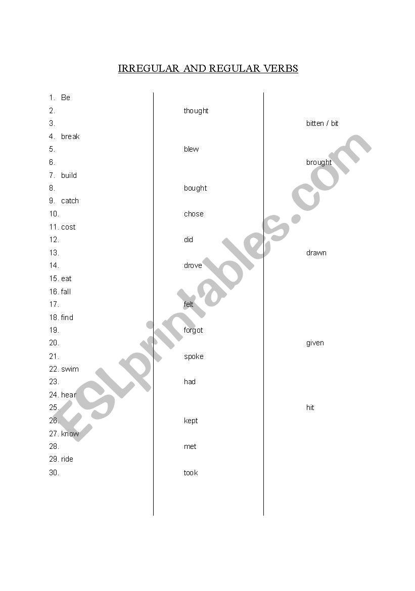 Irregular and regular verbs worksheet