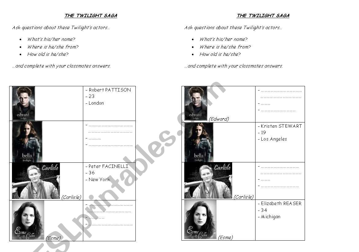 TWILIGHT PAIR WORK worksheet