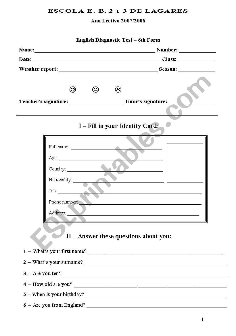 Formative test worksheet