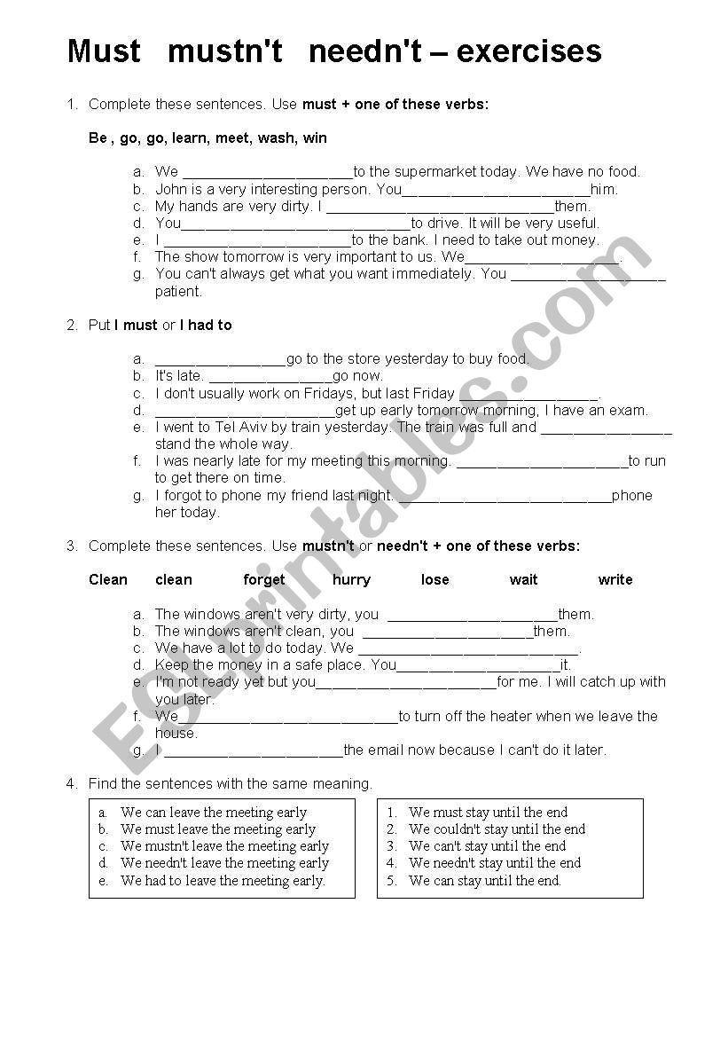 Modals Must Mustn T Needn T Exercises Esl Worksheet By Woodge78