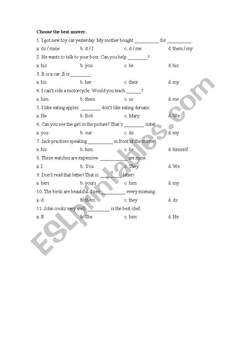 pronoun test worksheet