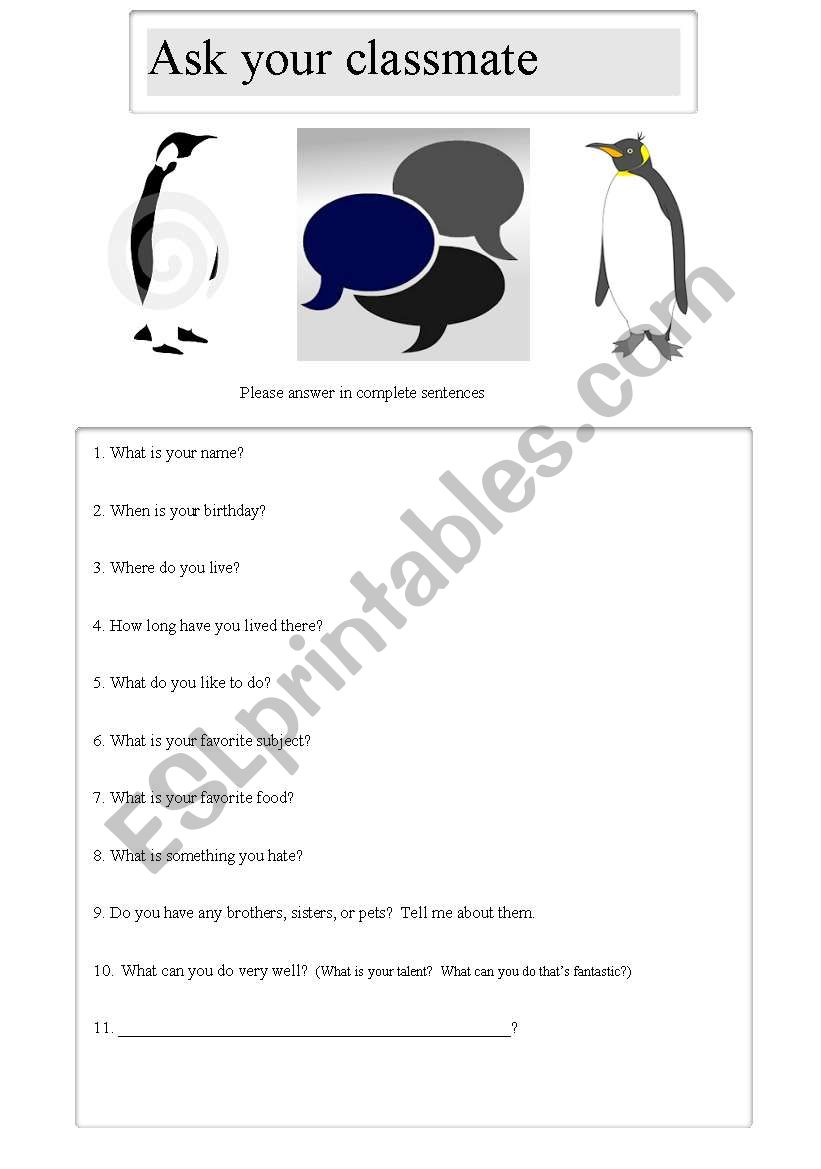 Ask your classmate worksheet