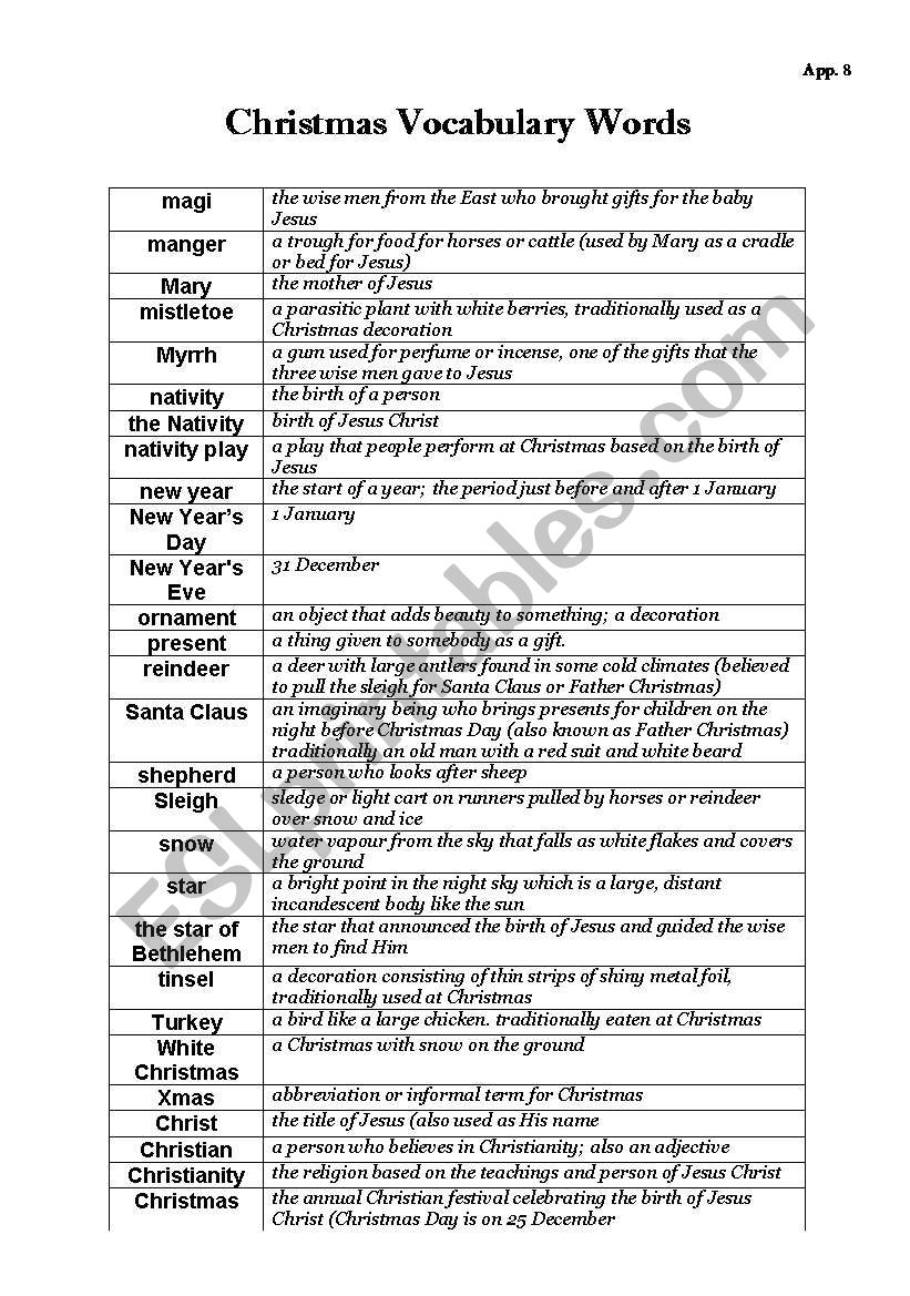 Christmas Vocabulary Words worksheet