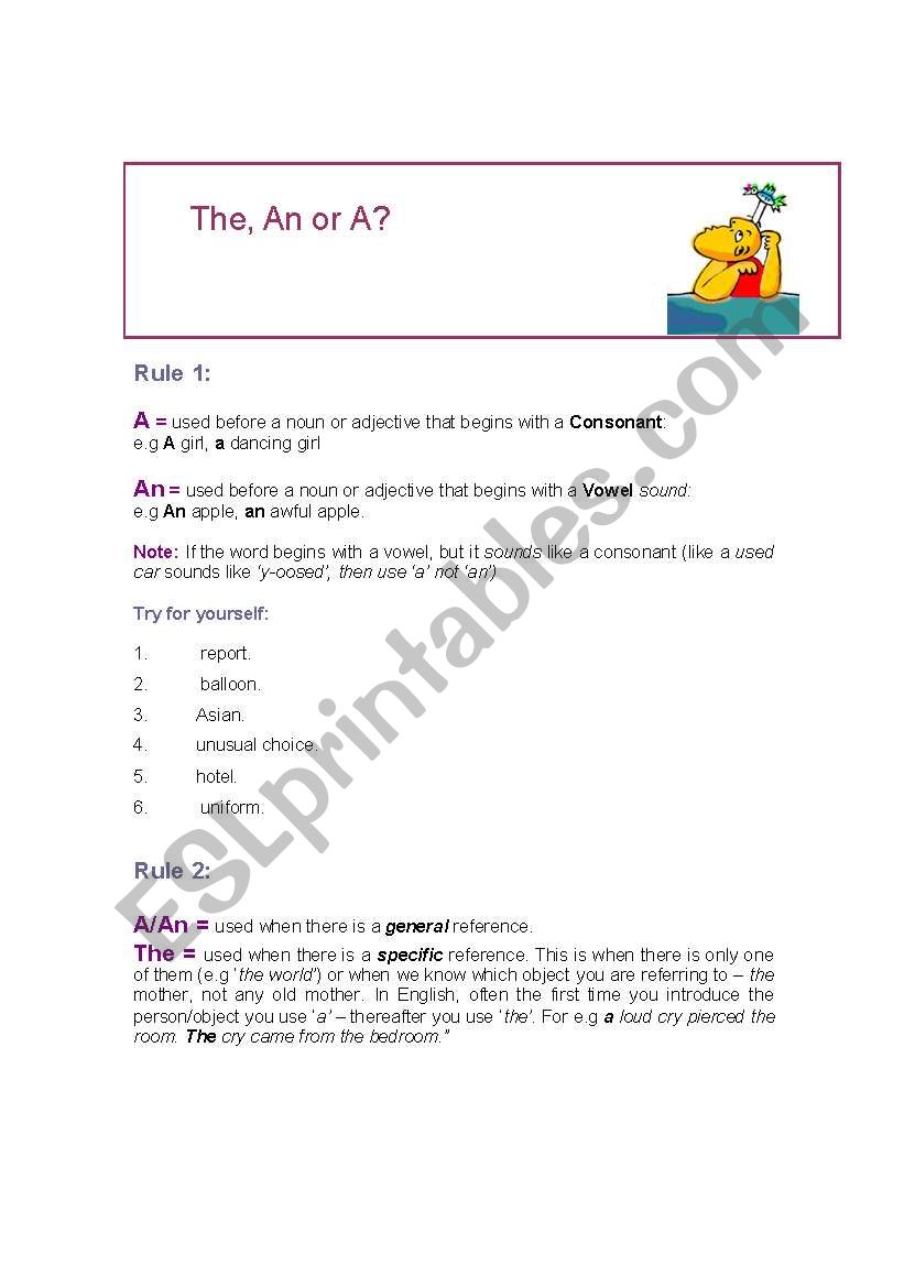 Articles: the, a or an? worksheet