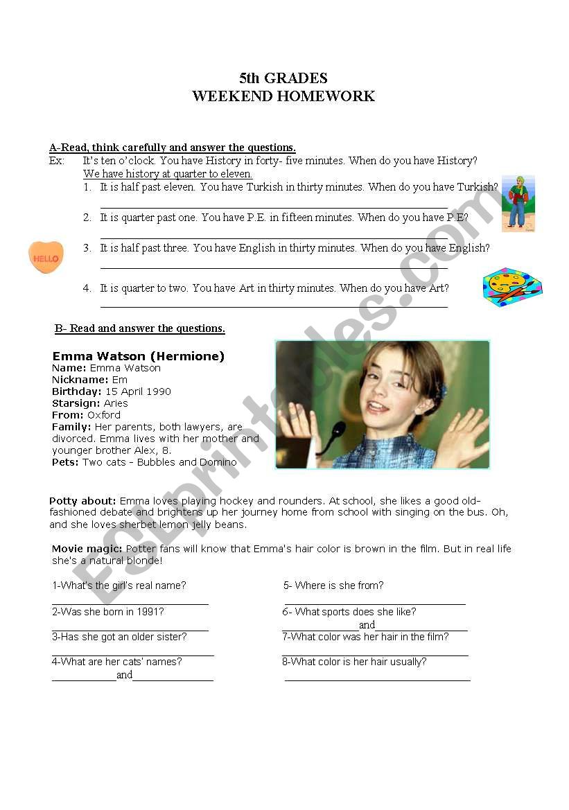 5th Grades Weekend Worksheet worksheet