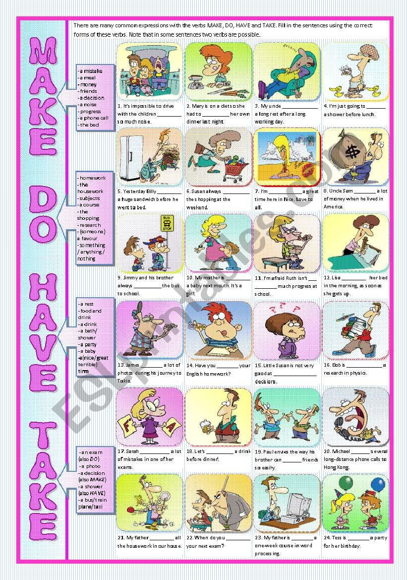 MAKE DO HAVE TAKE ESL Worksheet By Teresaraiva