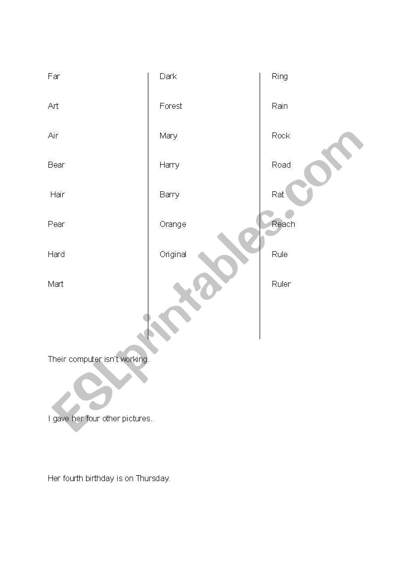 Phonics R sounds worksheet