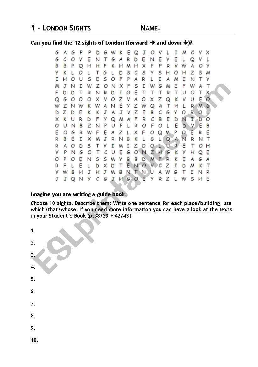 London sights wordsearch worksheet