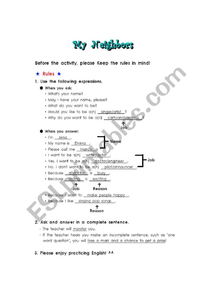 My Neighbors worksheet