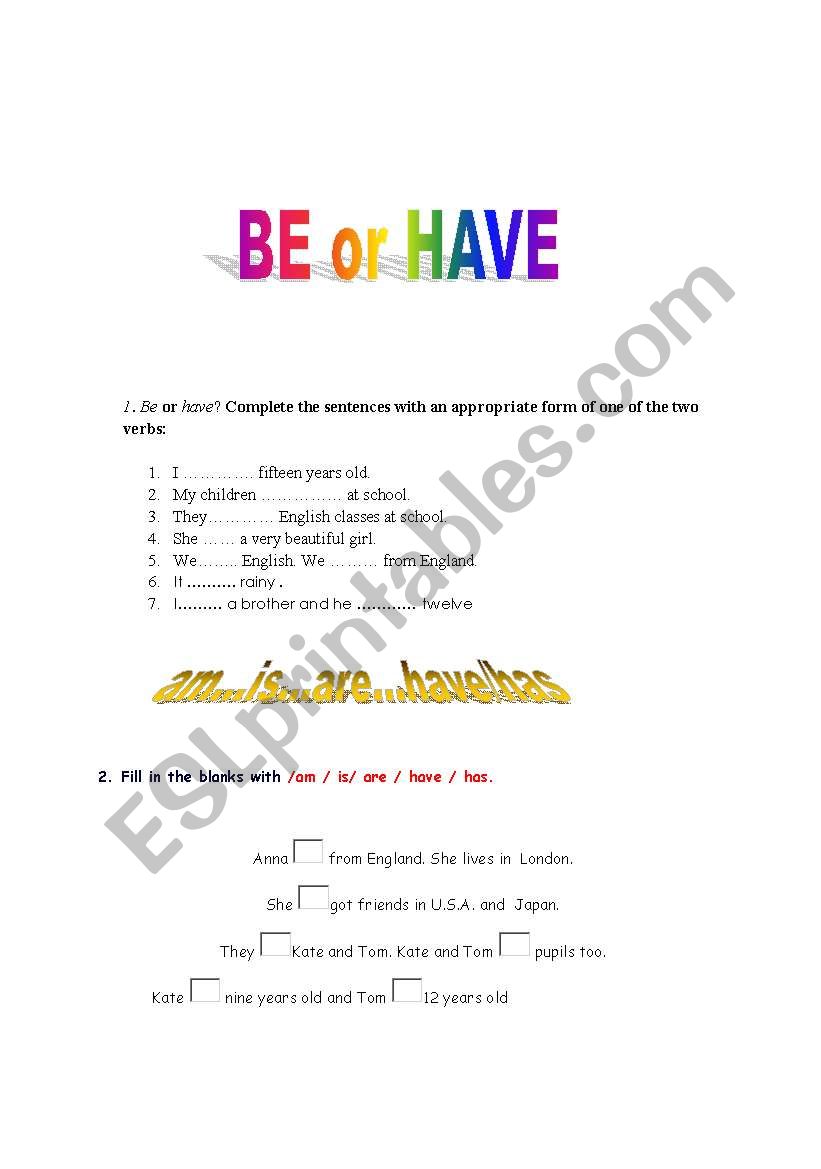 BE or HAVE worksheet