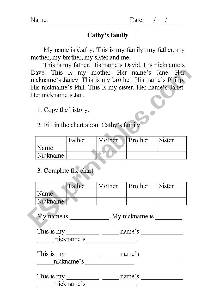 Cathys Family worksheet