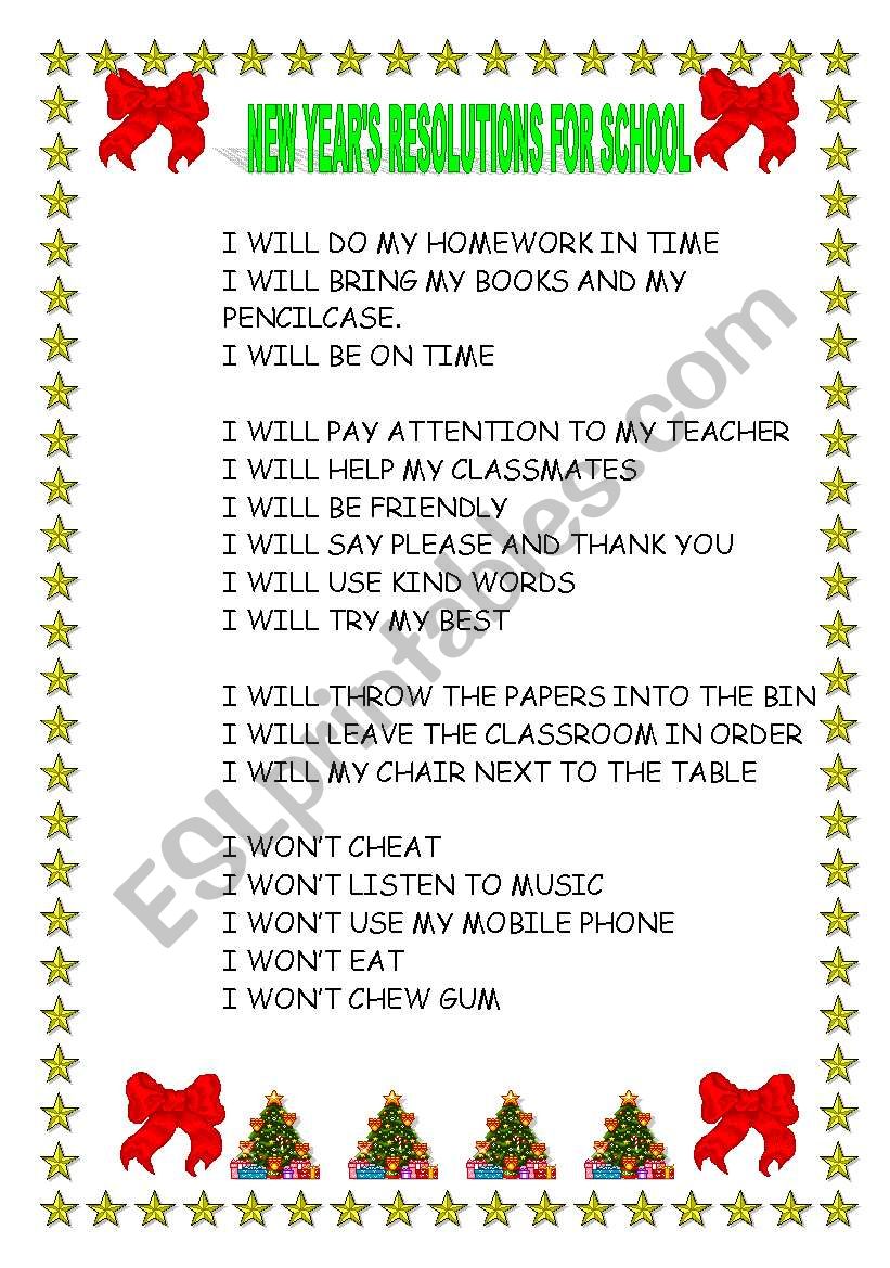 NEW YEAR´S RESOLUTIONS FOR SCHOOL ESL worksheet by aragoneses