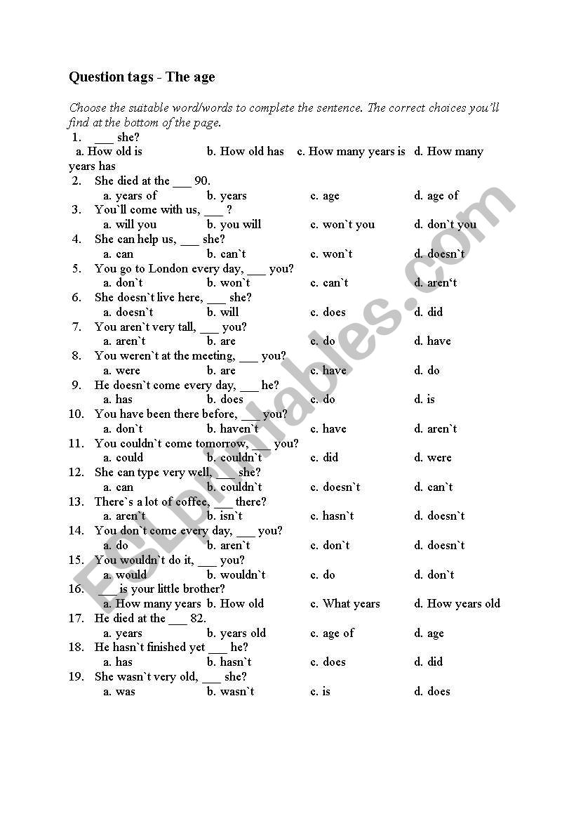 Questions about the age worksheet