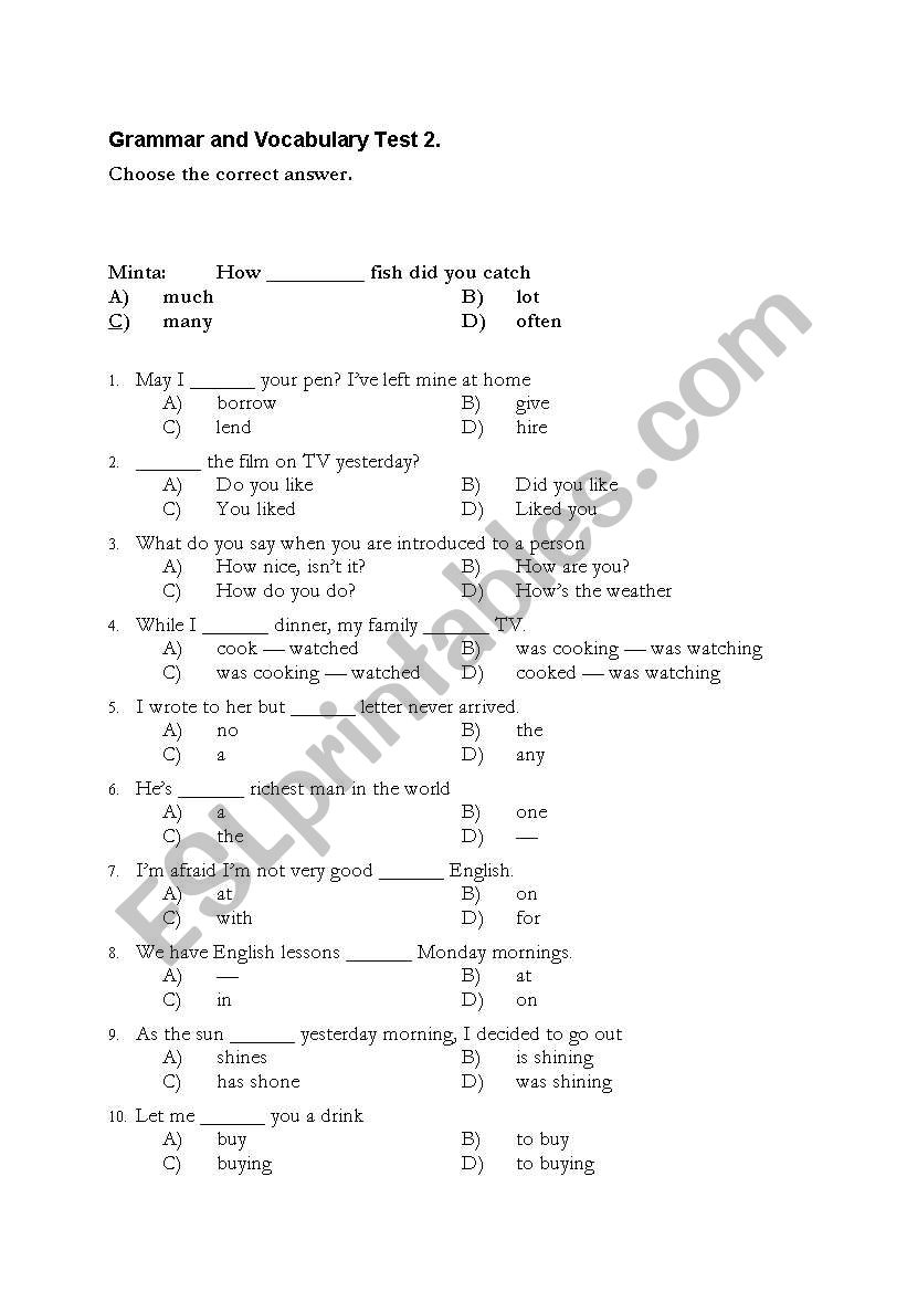 Grammar and Vocabulary Test 2 worksheet