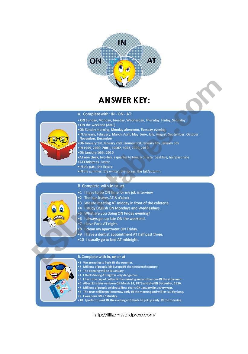 Prepositions IN ON AT - Time Expressions / Answer Key