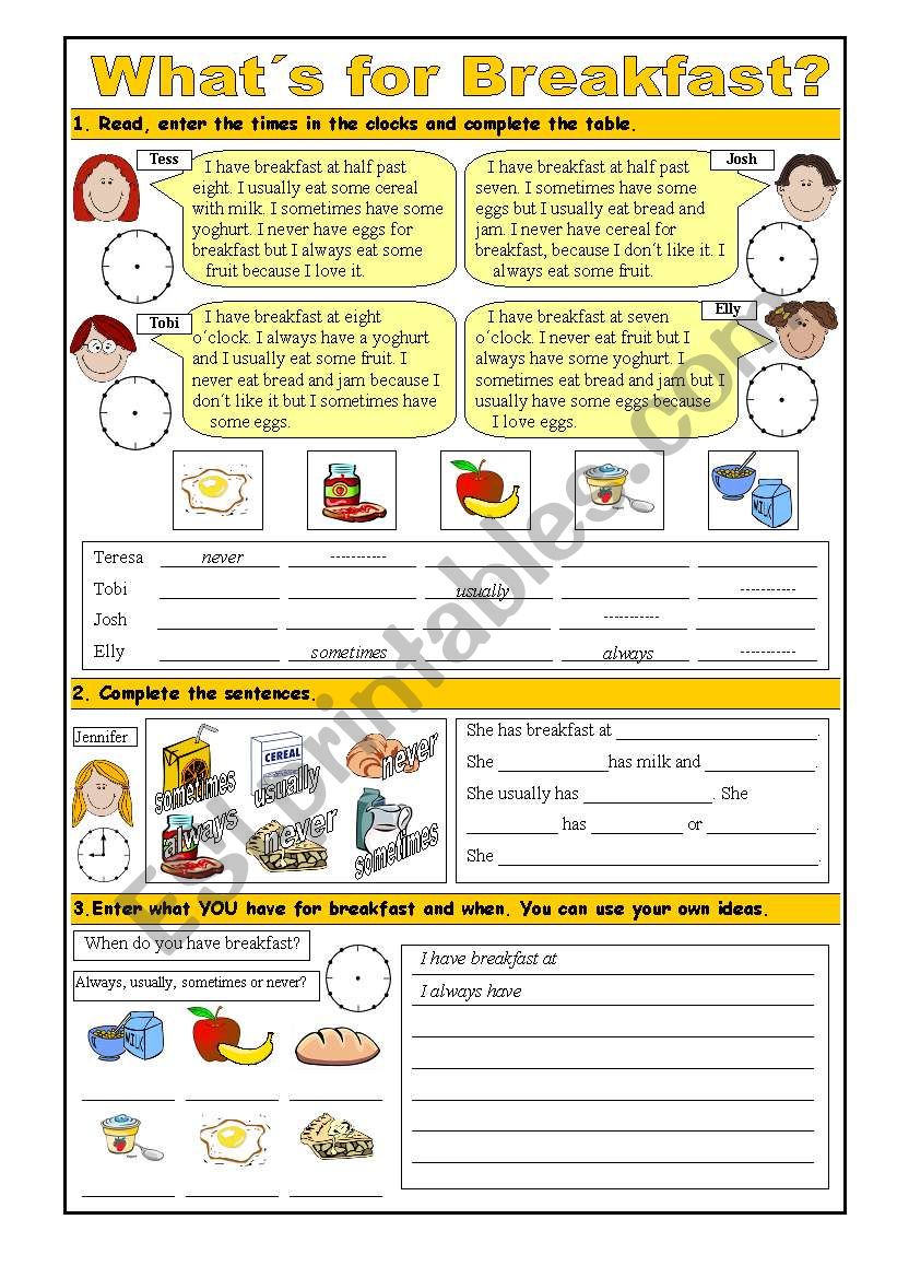 What´s for Breakfast? - food, time, frequency - ESL worksheet by cli1