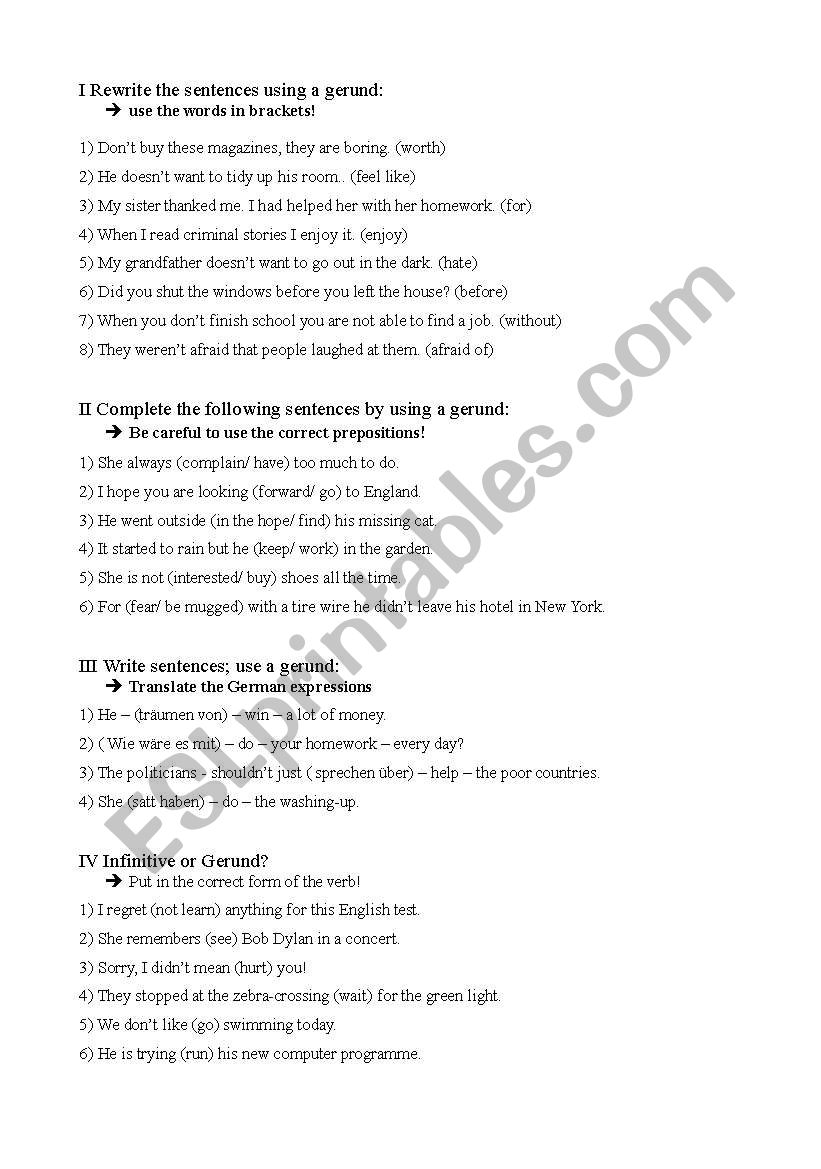 Gerund and infinitive worksheet