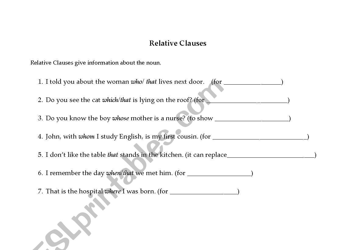 English Worksheets RELATIVE CLAUSES