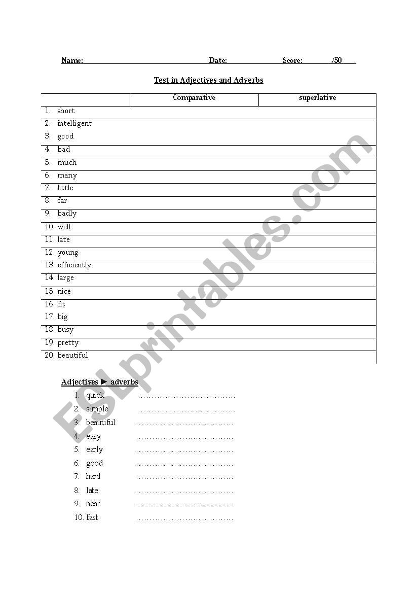 adjectives and adverbes worksheet
