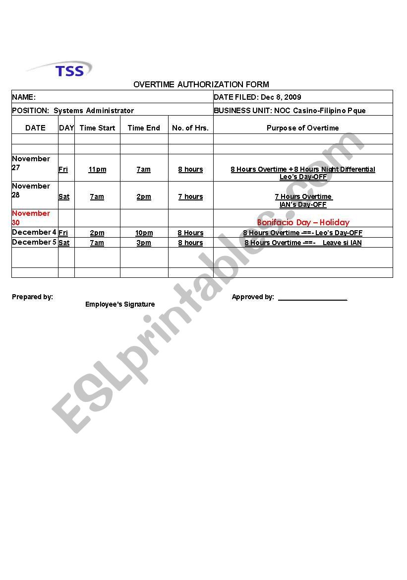 Test Infomation worksheet