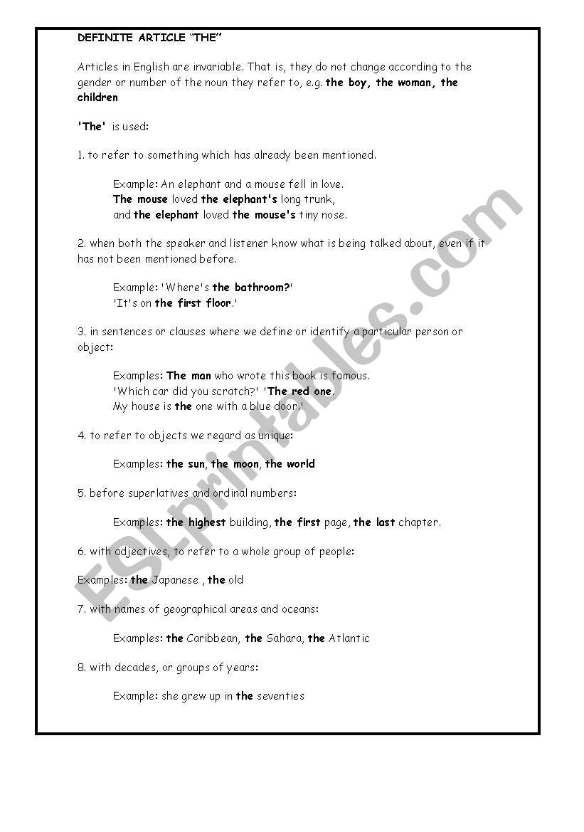 articles worksheet