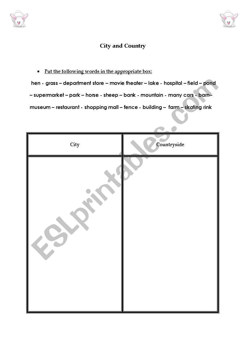 City and Country worksheet