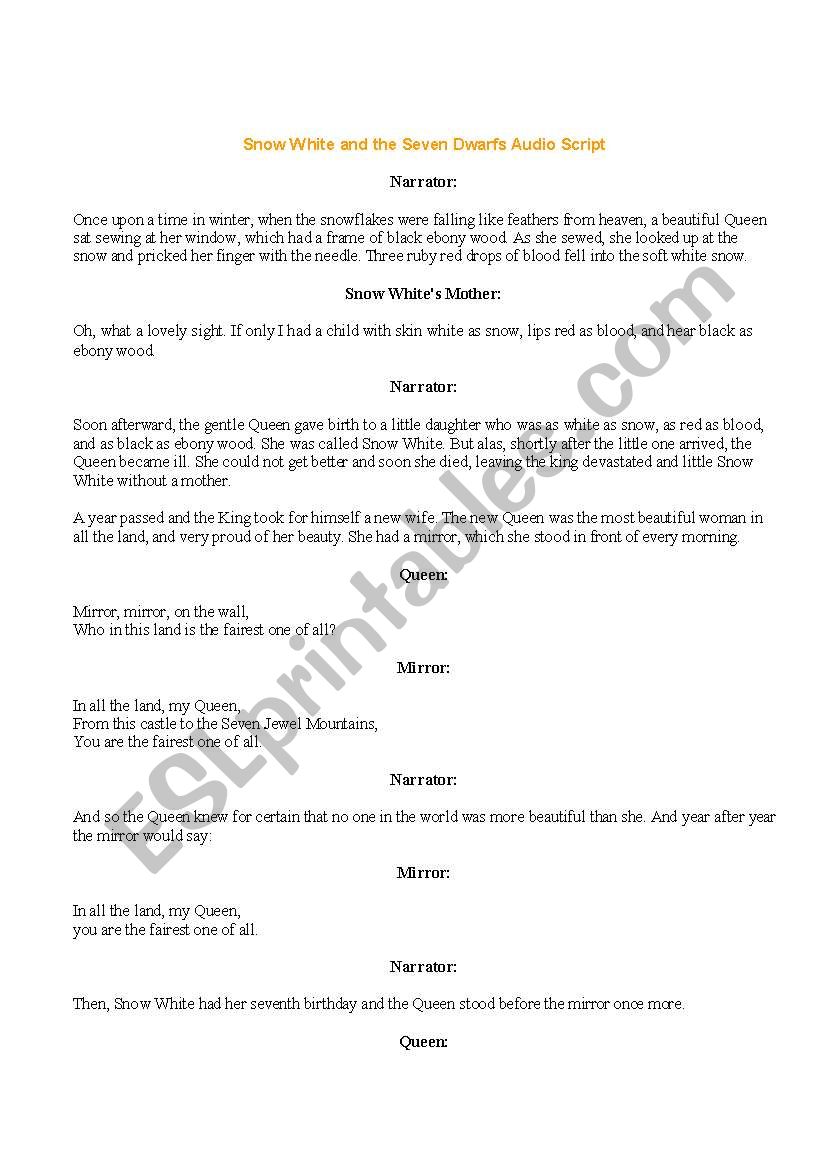 SNOW WHITE AUDIO SCRIPT worksheet