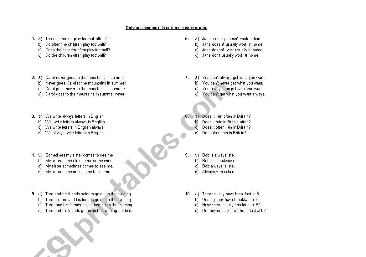 Frequency adverbs; a multiple choice exercise