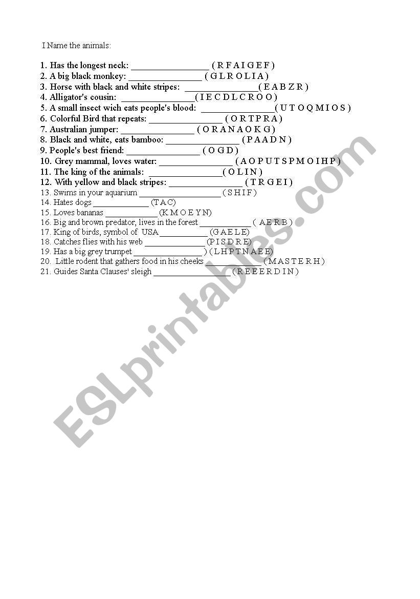 Name the animals worksheet