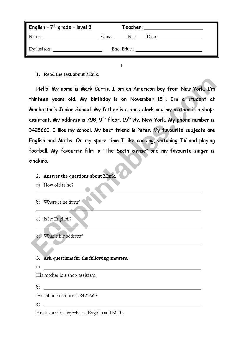 7th year test worksheet