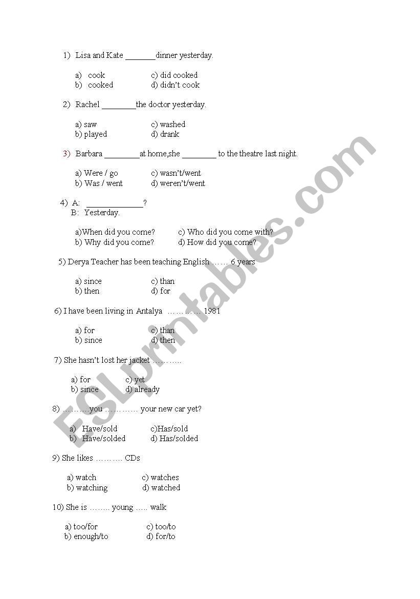 grammar test worksheet