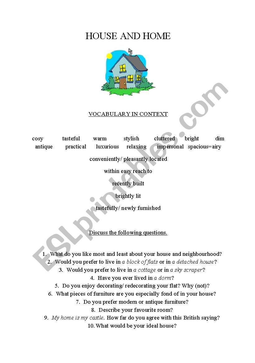 HOUSE AND HOME worksheet