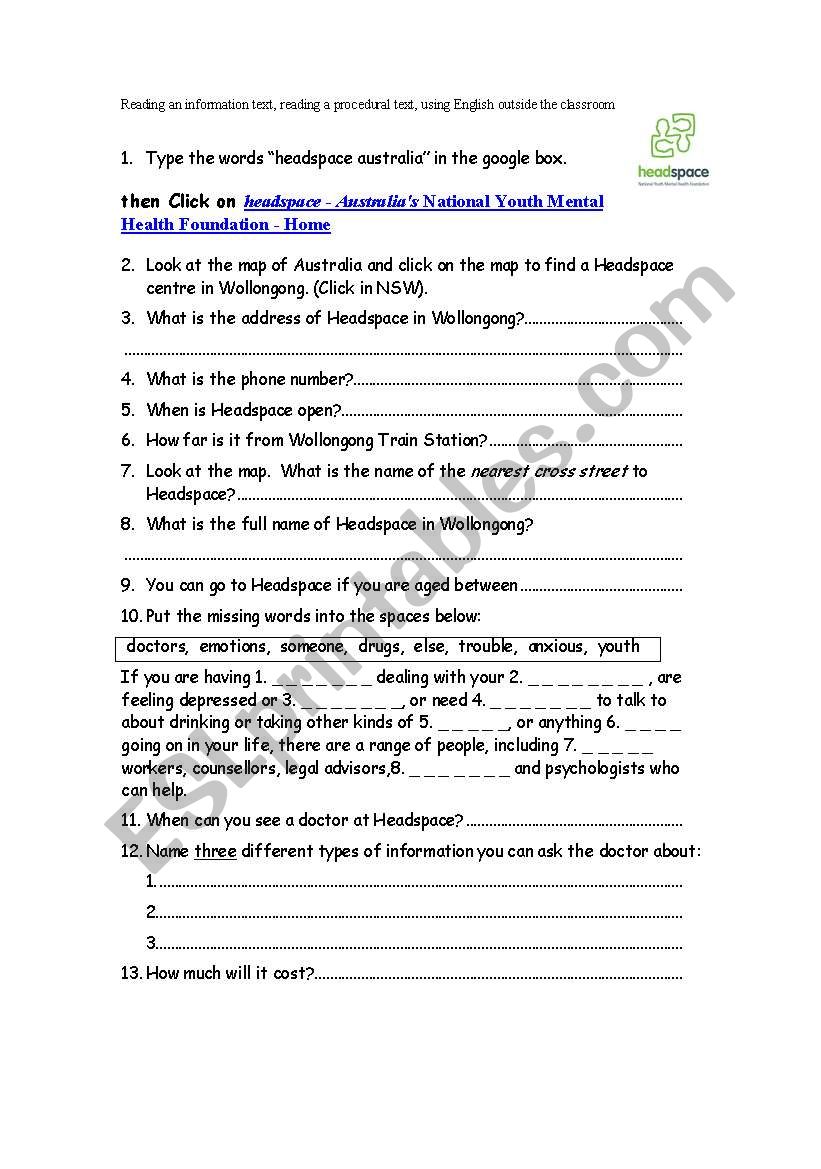 english worksheets headspace