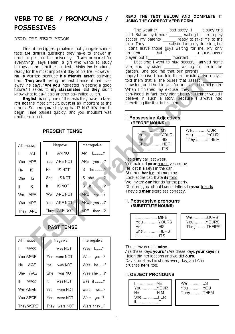 To Be Pronouns Possesives For High School Esl Worksheet By Tiagogarros