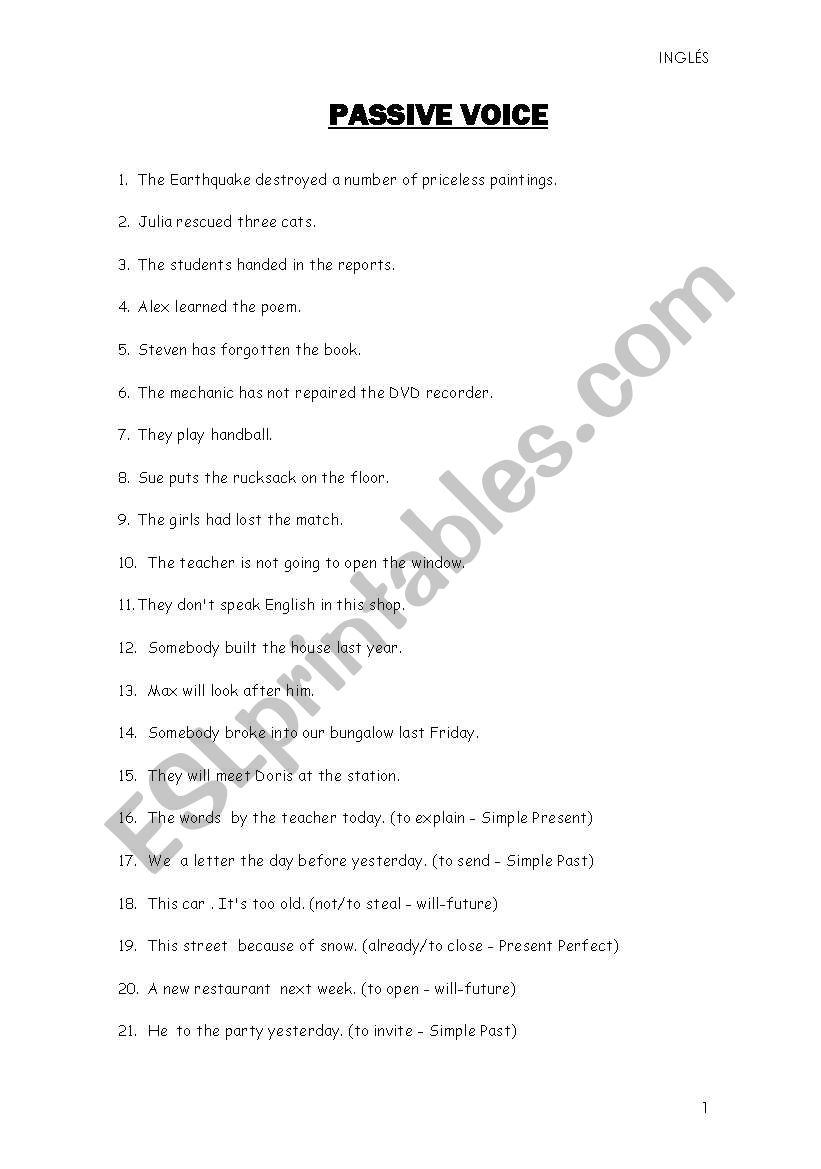 Passive Voice extra exercises worksheet