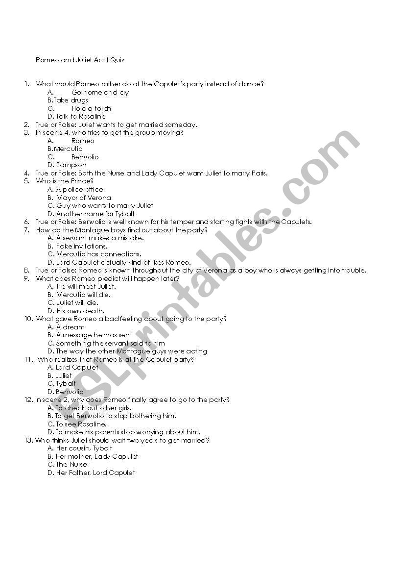 Romeo and Juliet Act I Quiz worksheet