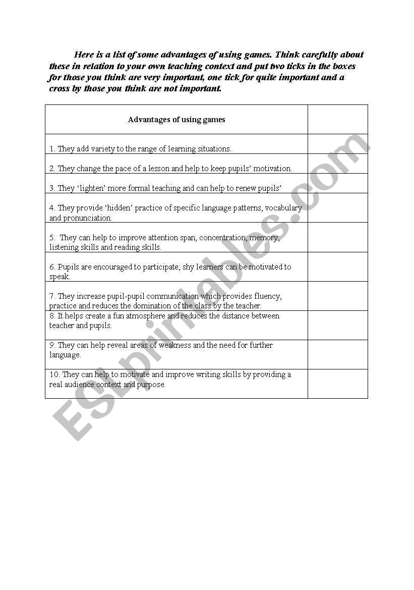 Advantages of Using Games worksheet