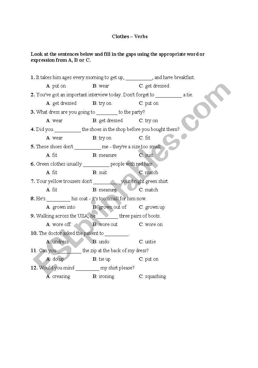 Clothes - Verbs worksheet